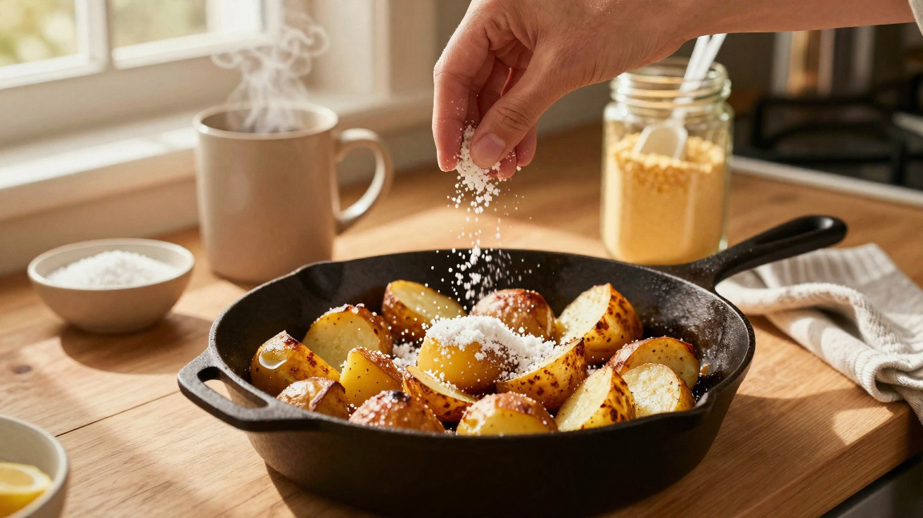 Mão salpicando sal em batatas douradas em frigideira de ferro na bancada da cozinha.