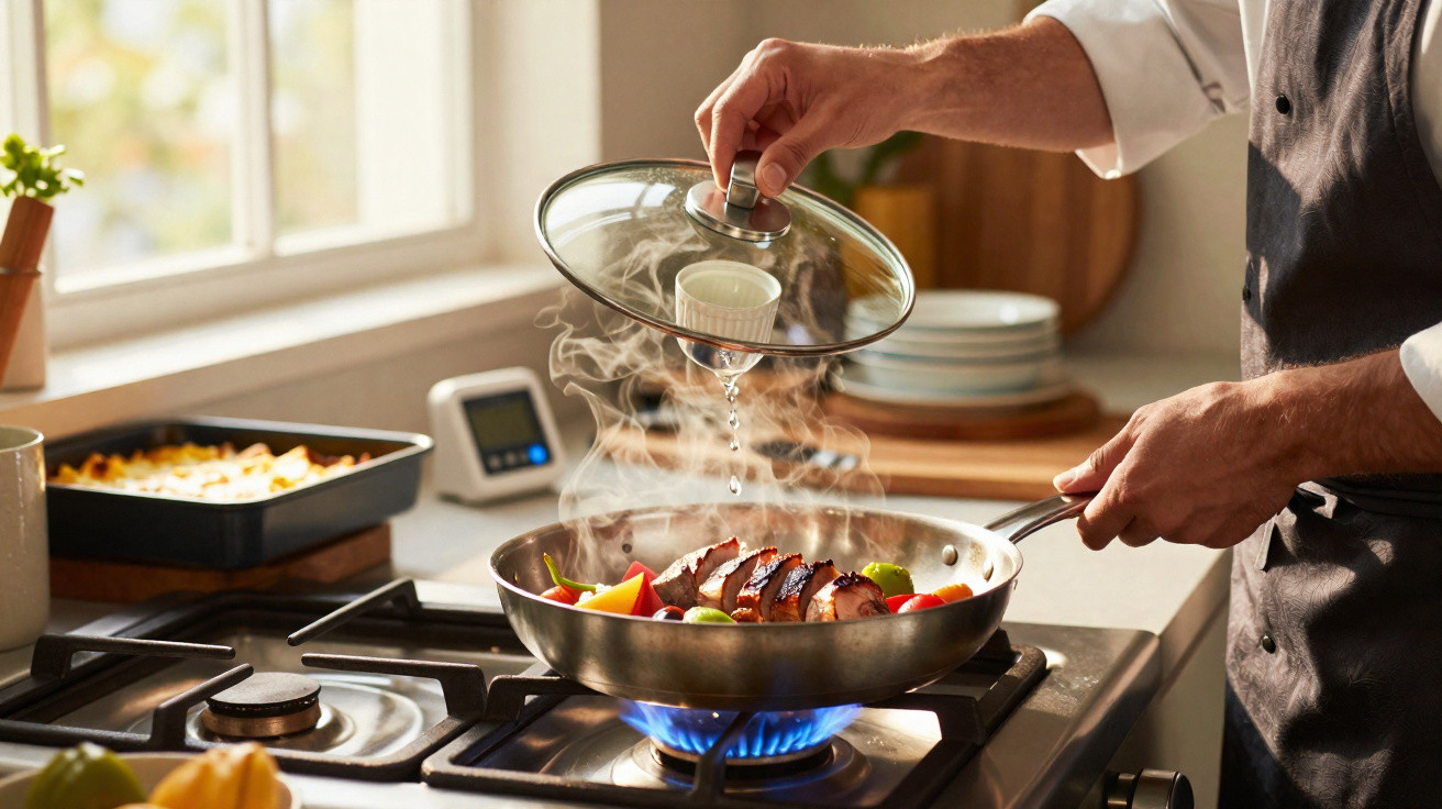 Pessoa adiciona água em frigideira com legumes e carne, panela libera vapor na cozinha iluminada.
