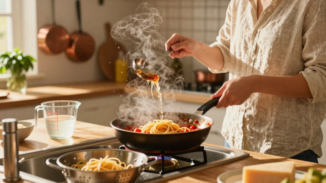 Pessoa adicionando molho quente em frigideira com espaguete e tomate na cozinha iluminada.