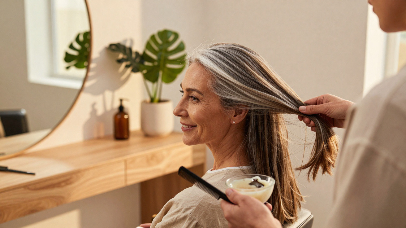 Mulher sorridente com cabelo cinza recebendo tratamento capilar em salão de beleza.