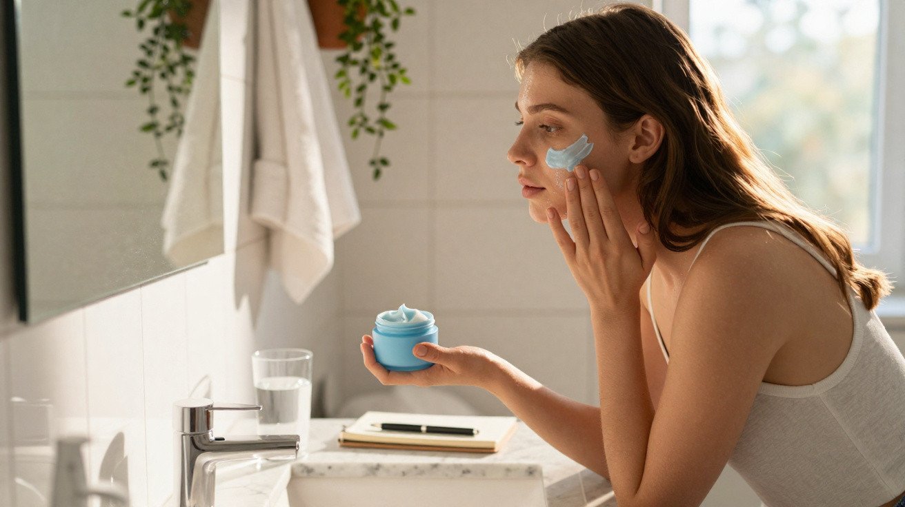 Mulher aplicando creme facial azul em frente ao espelho no banheiro durante o dia.