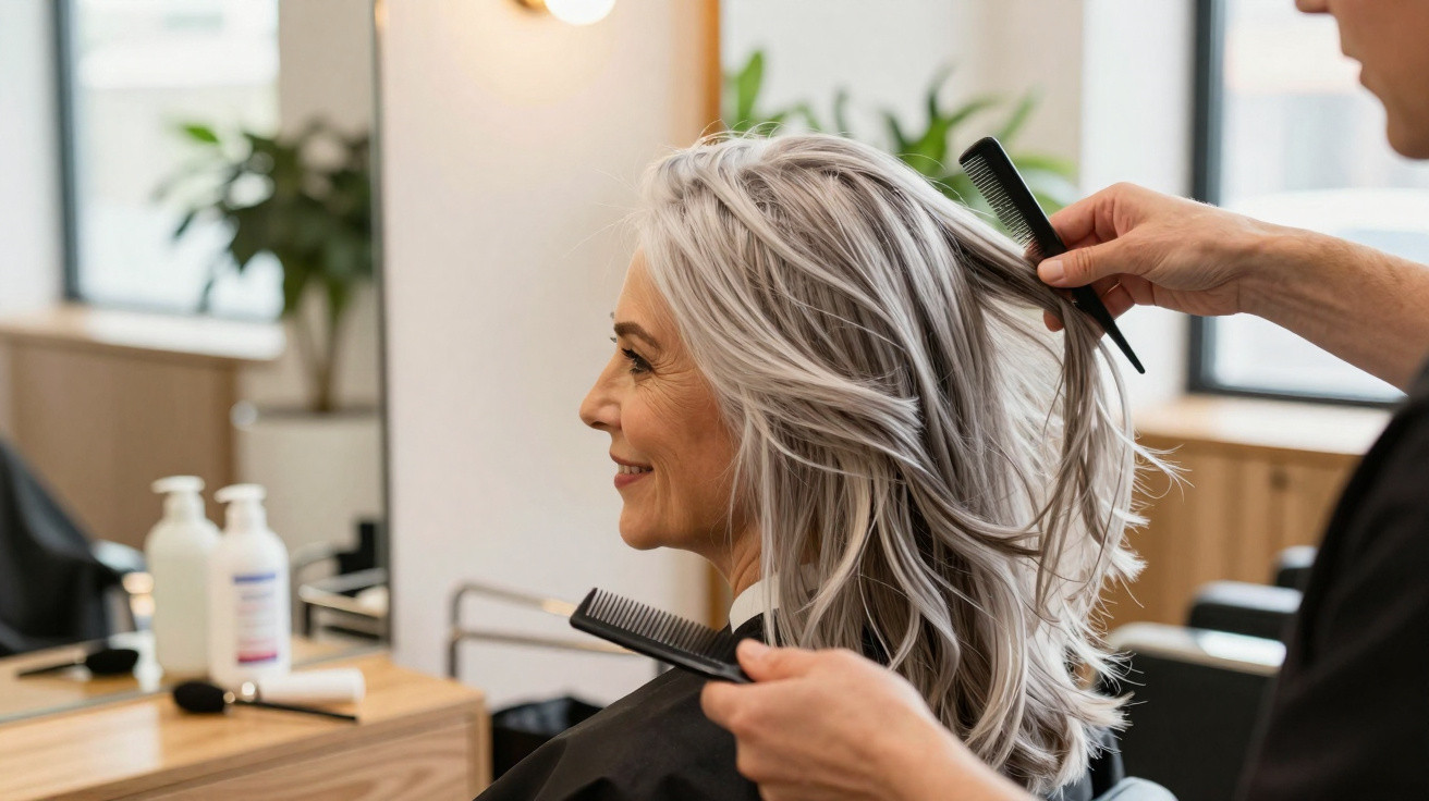 Mulher de cabelo grisalho sendo penteada por cabeleireiro em salão moderno.