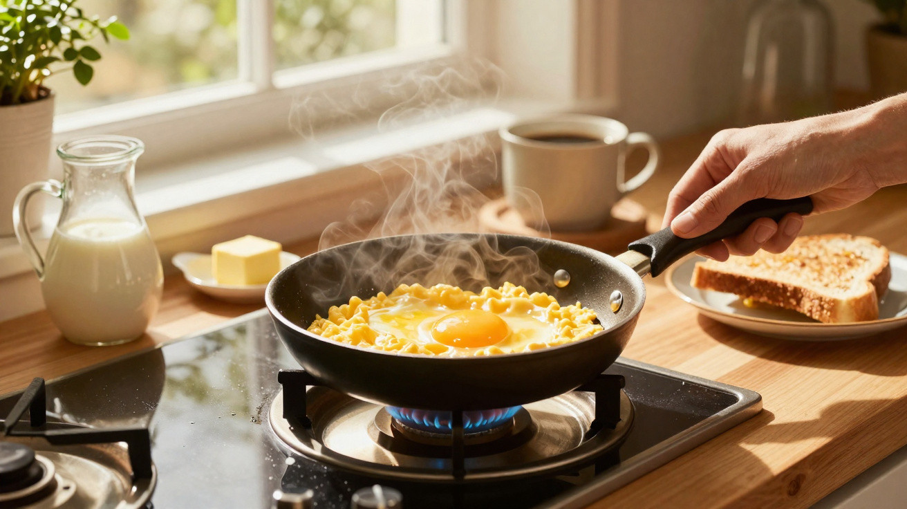 Pessoa cozinhando ovo frito com macarrão instantâneo em frigideira sobre fogão a gás em cozinha iluminada.
