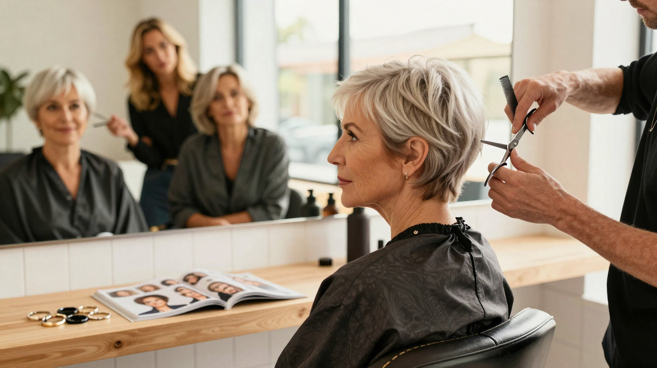 Mulher madura recebendo corte de cabelo em salão, com cabeleireiro e espelho refletindo a cena.