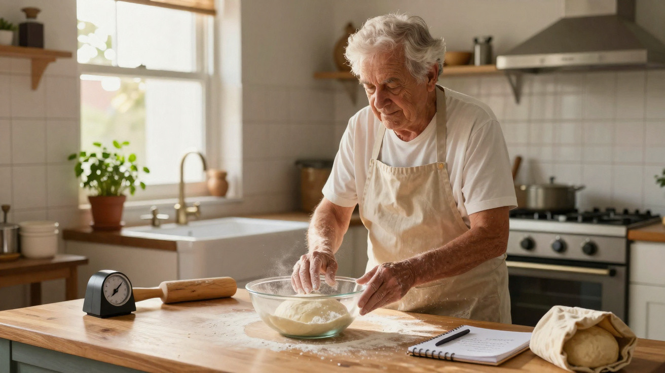 Idoso preparando massa de pão em cozinha clara com avental e caderno de receitas na bancada.