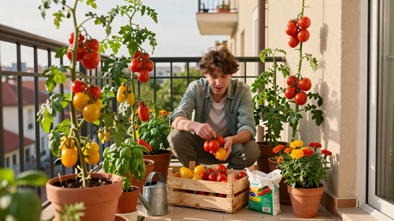 Jovem colhendo tomates em vasos em uma varanda ensolarada cheia de plantas e flores.