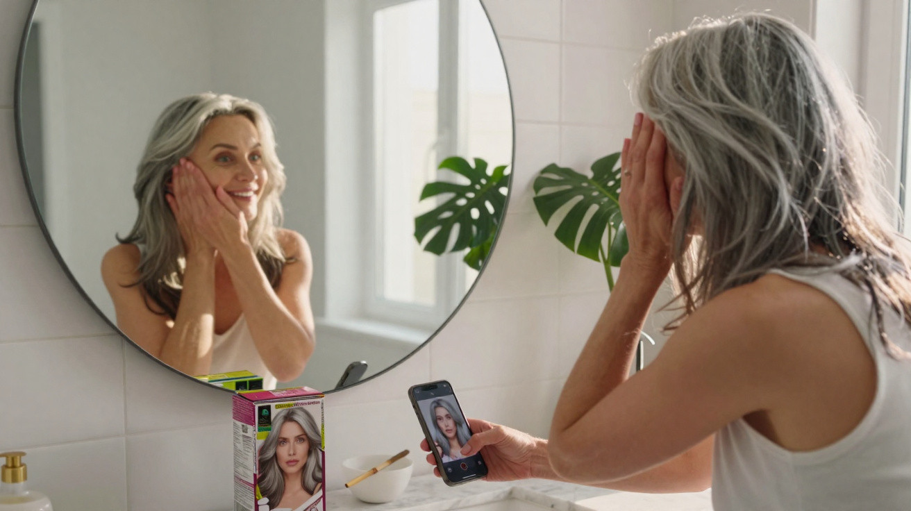 Mulher sorrindo no espelho, segurando celular com foto de cabelo grisalho, em banheiro com planta.