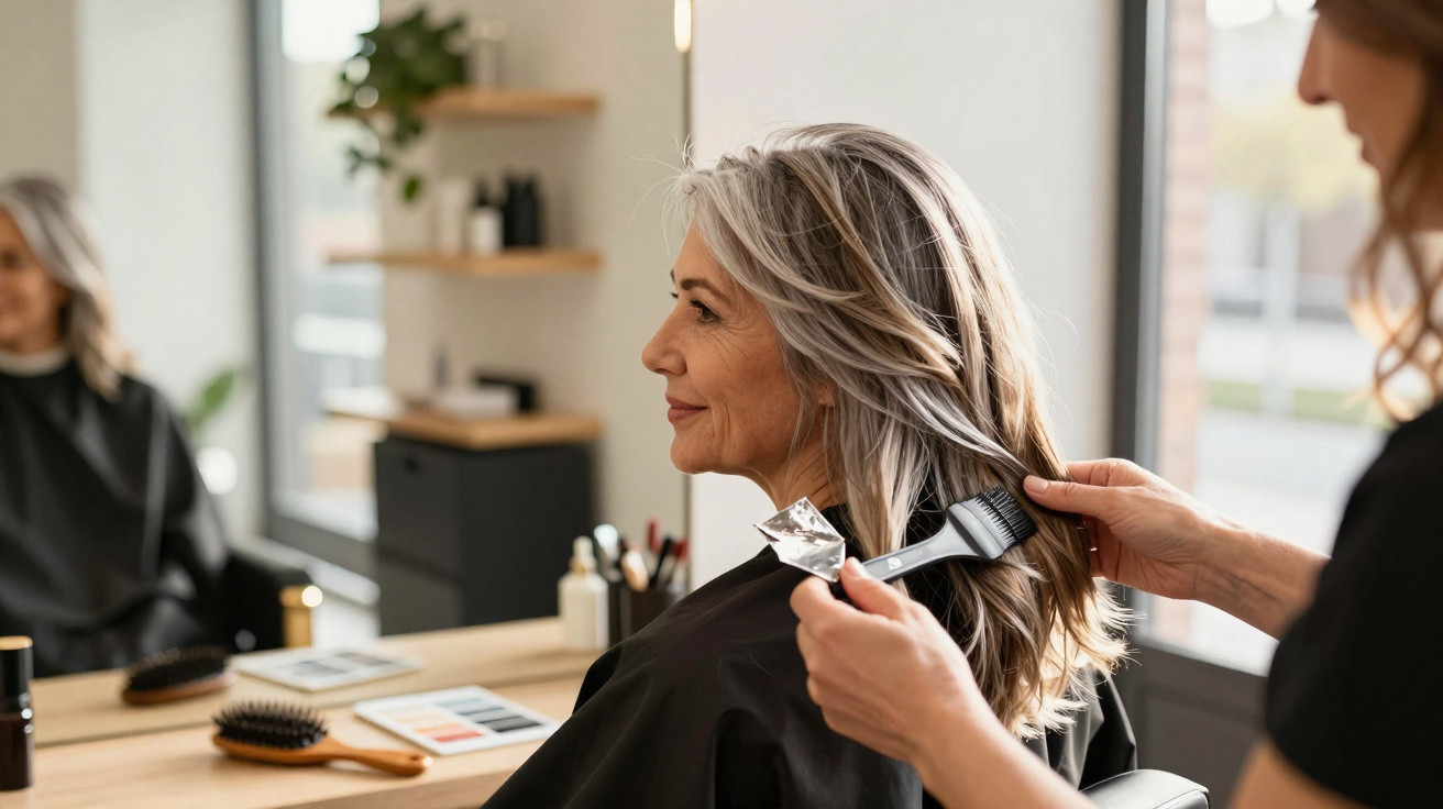 Mulher madura sentada em salão de beleza recebendo coloração no cabelo de cabeleireira.