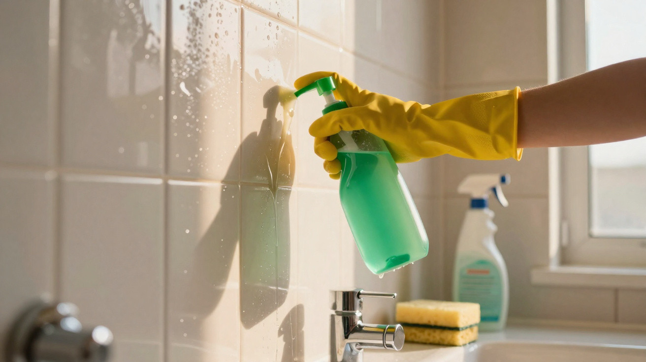 Pessoa com luva amarela aplicando produto de limpeza em azulejos brancos de banheiro.