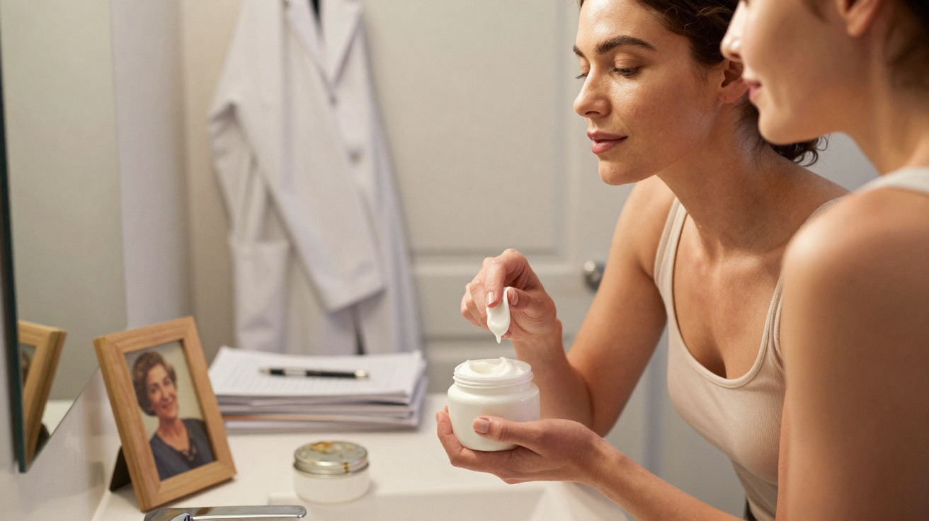 Mulher aplicando creme facial em frente ao espelho em banheiro com jaleco pendurado.