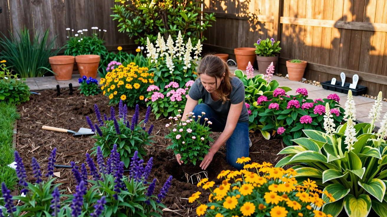 Mulher plantando flores coloridas em jardim com canteiros e vasos de terra ao fundo.