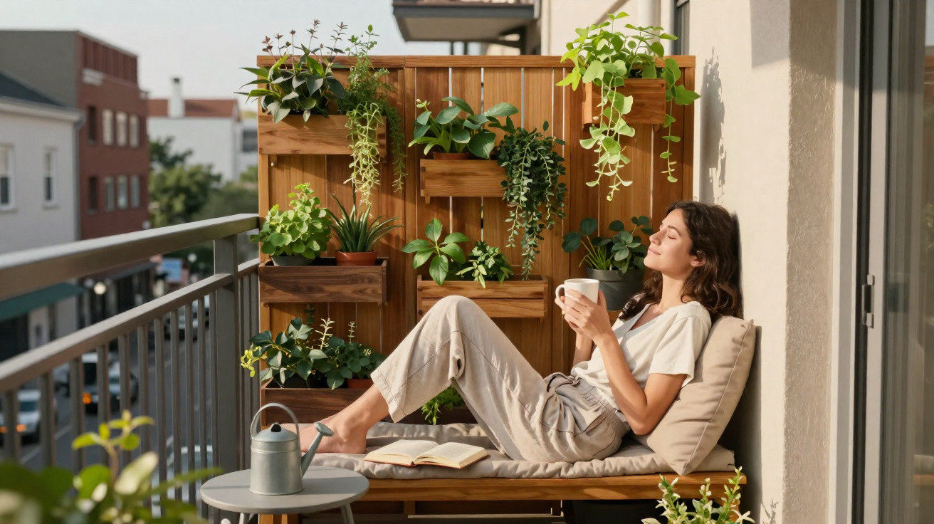 Mulher relaxando com café em varanda decorada com plantas, sob luz suave do sol da manhã.
