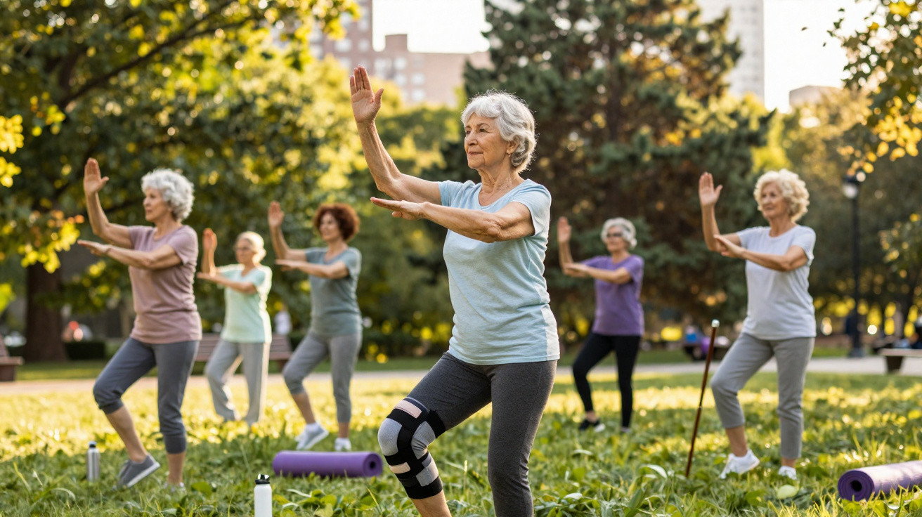 Grupo de mulheres idosas praticando tai chi em parque ao ar livre durante o dia.