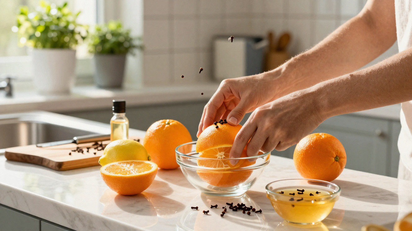 Mãos cravando cravos em laranja sobre tigela de vidro na bancada da cozinha iluminada.