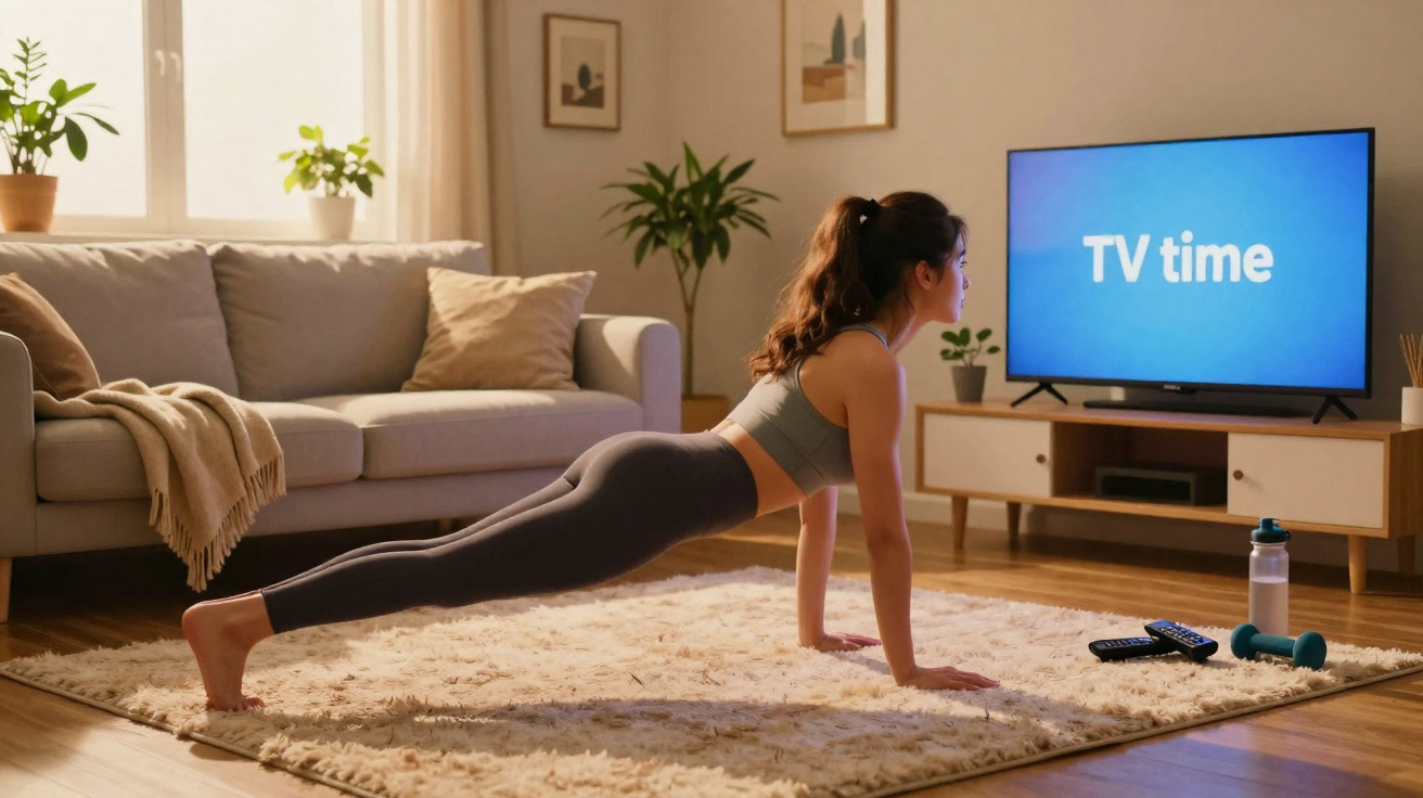 Mulher fazendo exercício de prancha na sala assistindo TV, com halteres e garrafa perto dela.