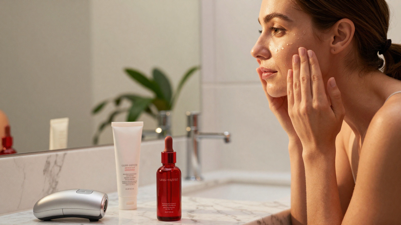 Mulher aplicando creme no rosto na bancada do banheiro com produtos de skincare ao lado.