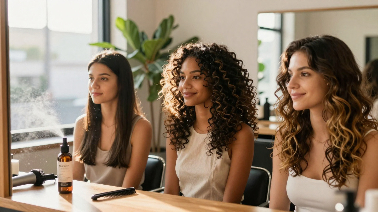 Três mulheres com cabelos diferentes sentadas em frente a um espelho em um salão de beleza.