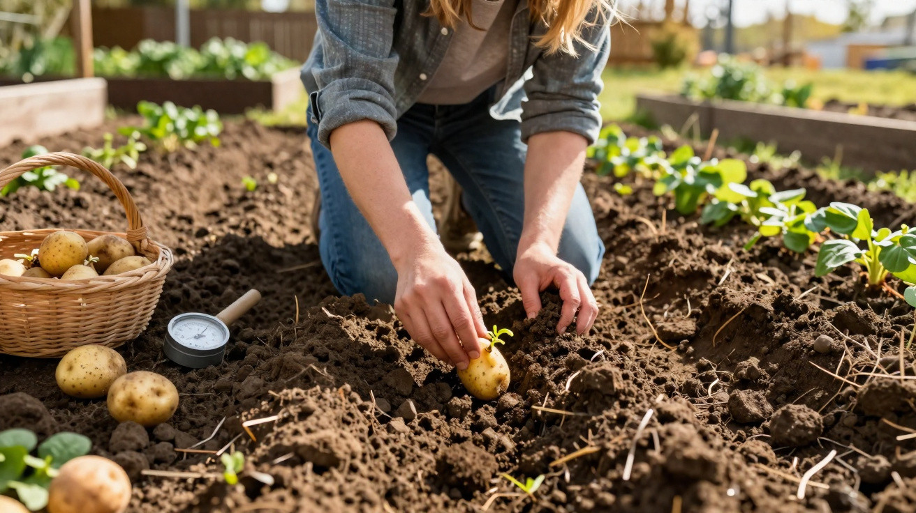 Pessoa plantando batata em solo fértil com cesta de batatas e plantas ao fundo em jardim.