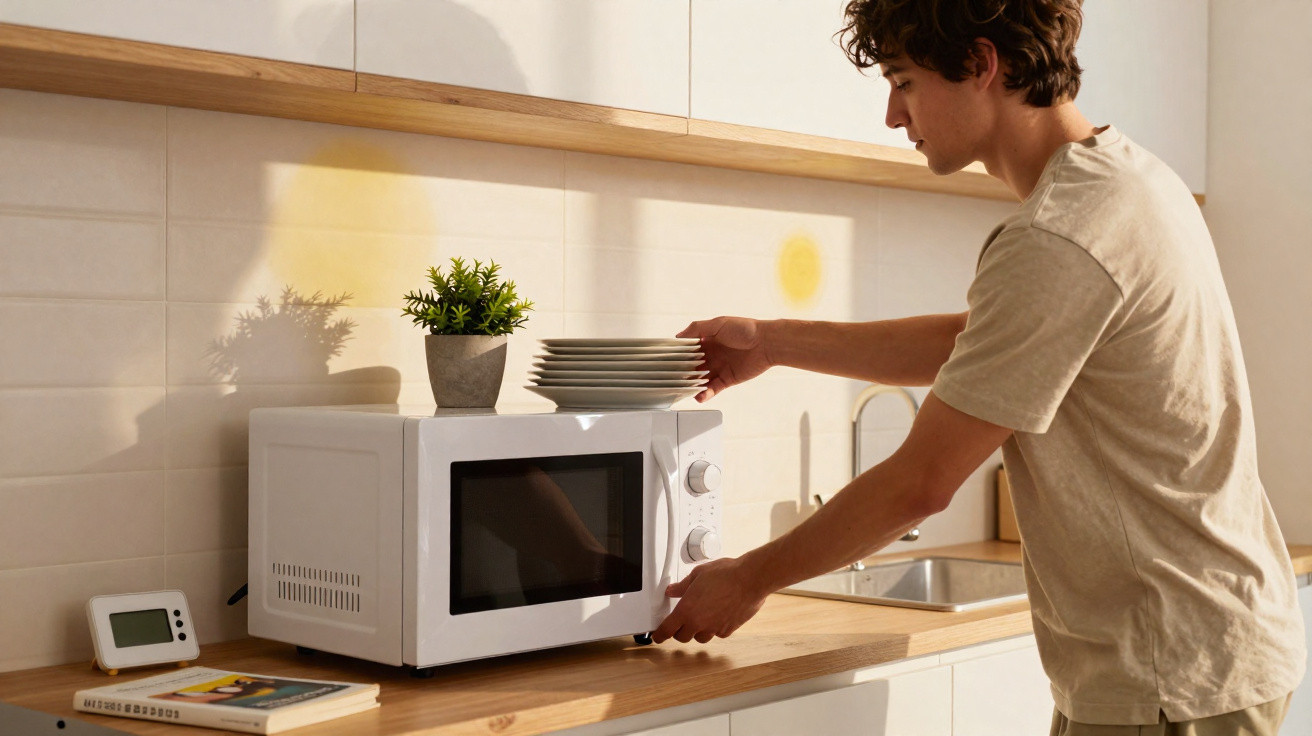 Jovem ajusta o micro-ondas na cozinha enquanto segura pratos empilhados sobre o aparelho.