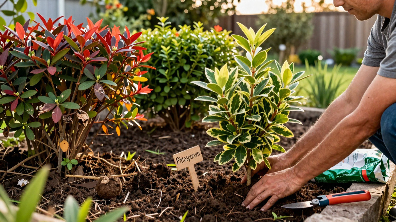 Pessoa plantando arbusto Pittosporum em jardim ensolarado com solo preparado e ferramentas de jardinagem.