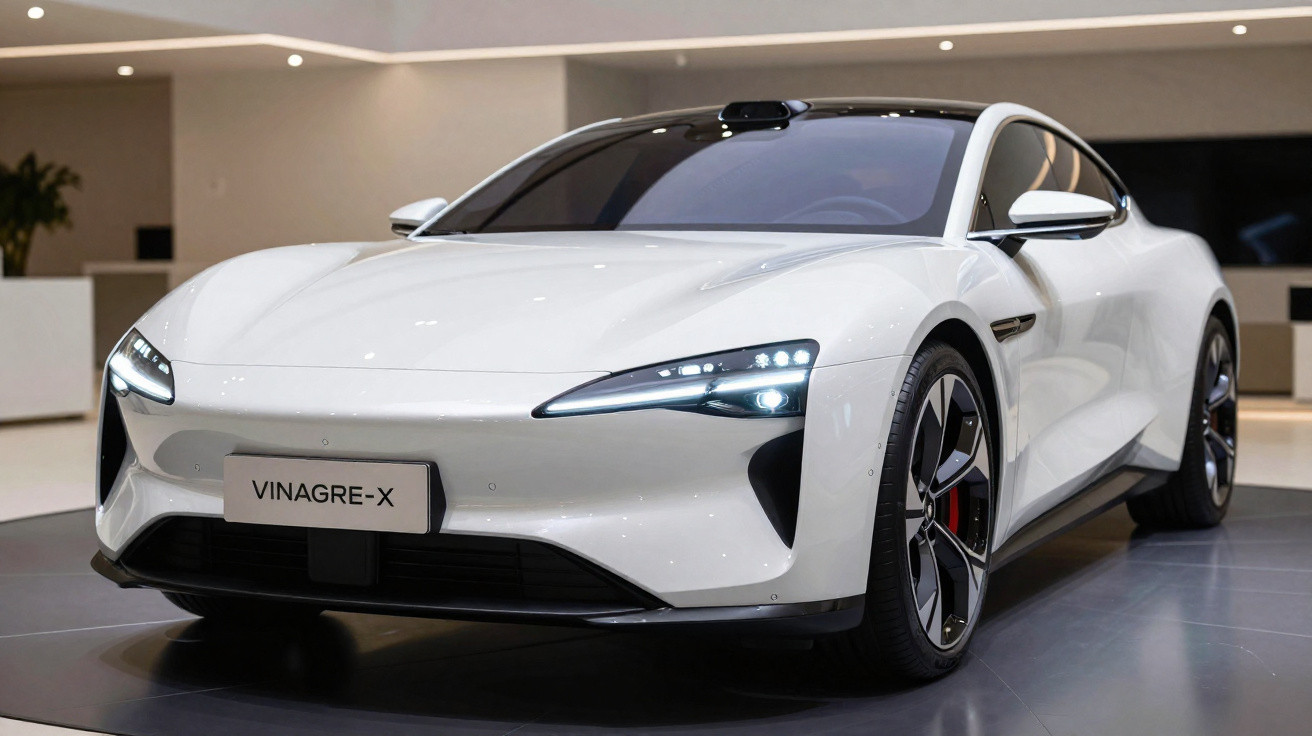 Carro elétrico esportivo branco Vinagre-X exposto em ambiente moderno e iluminado.