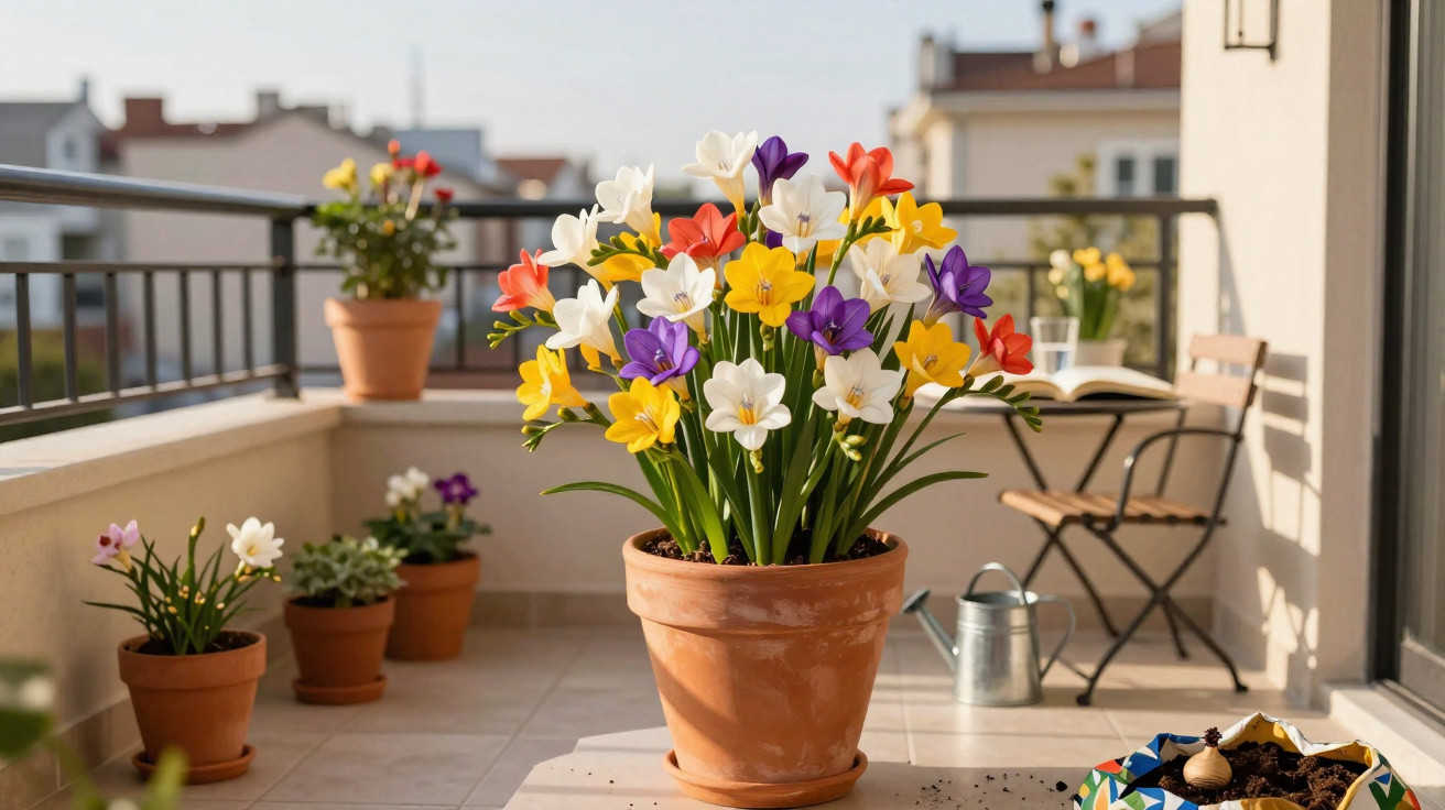 Vaso de cerâmica com flores coloridas em varanda ensolarada com cadeira, regador e outros vasos ao fundo.