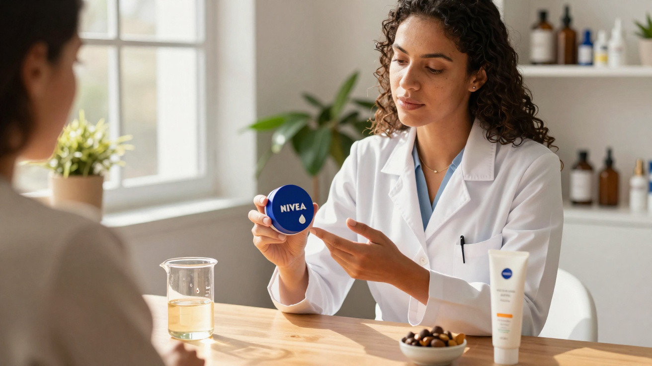 Mulher dermatologista explica uso de creme Nivea para paciente em consulta no consultório.