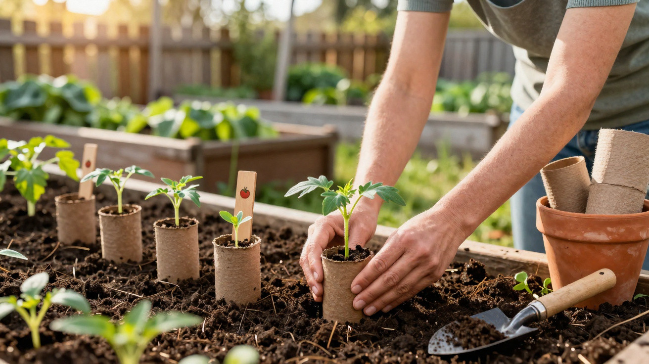 Pessoa transplantando mudas de tomate em pequenos vasos biodegradáveis em canteiro de jardim.
