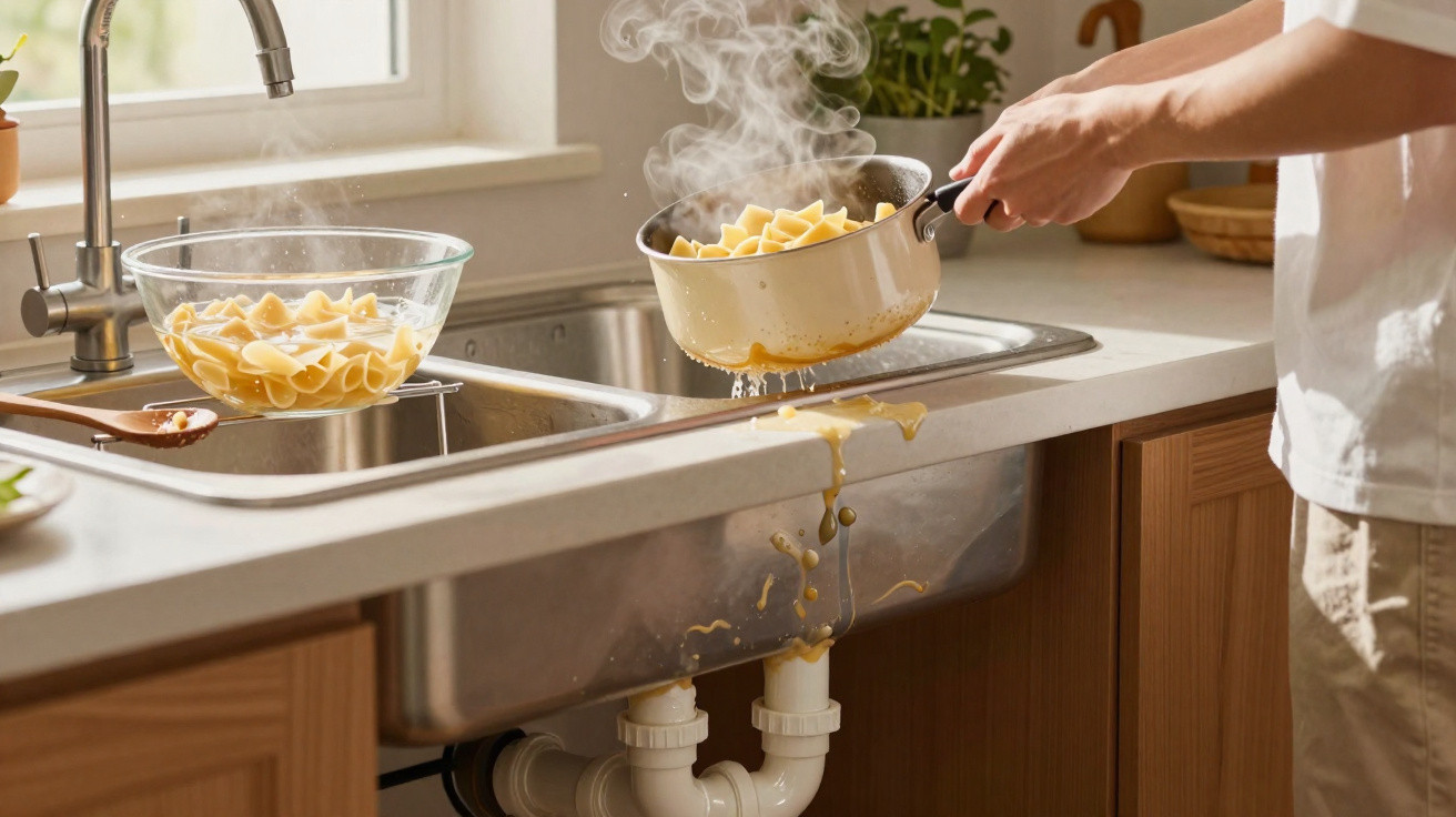 Pessoa escorrendo macarrão quente em panela sobre pia de cozinha com água e vapor.