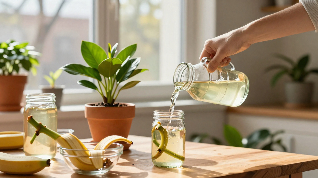 Mão despejando líquido em jarra com ramo de bambu, ao lado de banana e plantas em vaso.