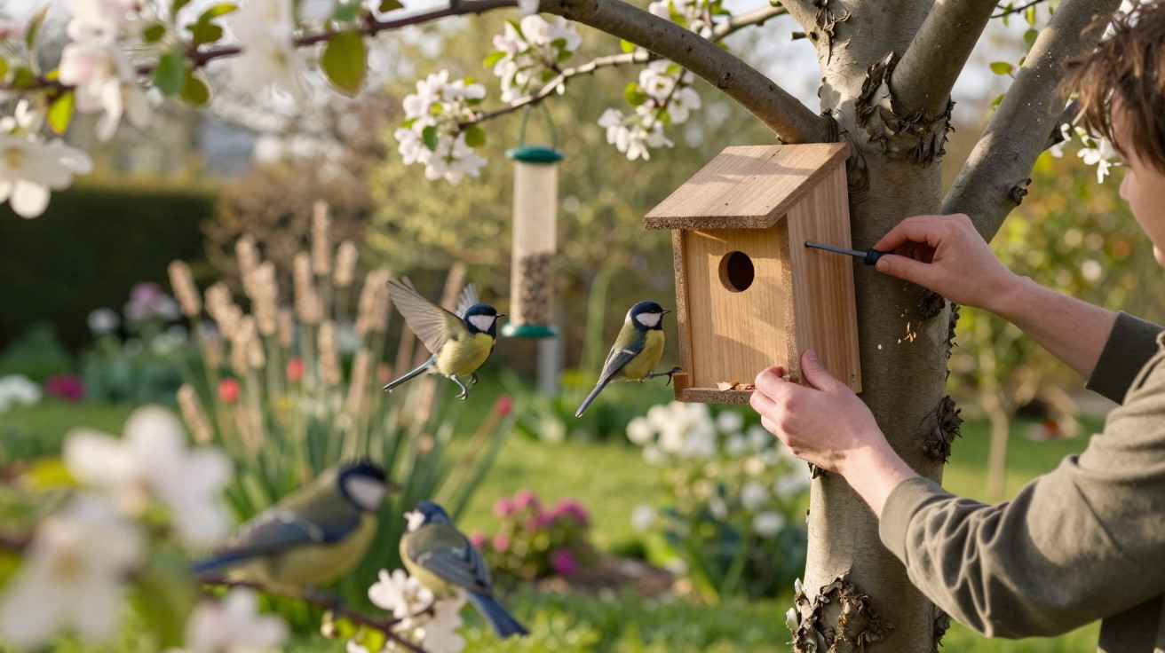 Pessoa instalando uma casinha de pássaros em árvore enquanto aves voam ao redor em jardim florido.