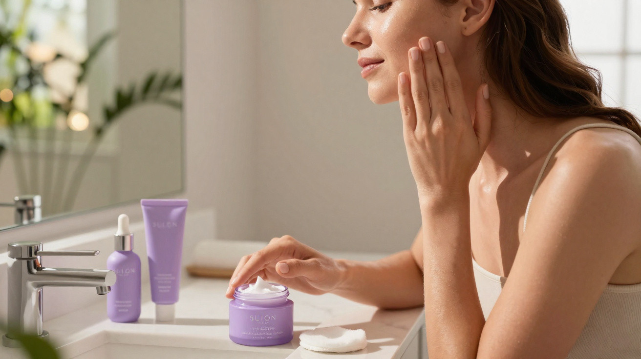 Mulher aplicando creme facial ao lado de produtos de skincare lilás em banheiro iluminado.