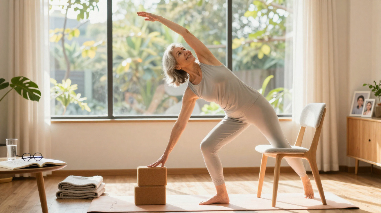 Mulher idosa praticando yoga em casa com apoio de cadeira e blocos, em ambiente iluminado e aconchegante.
