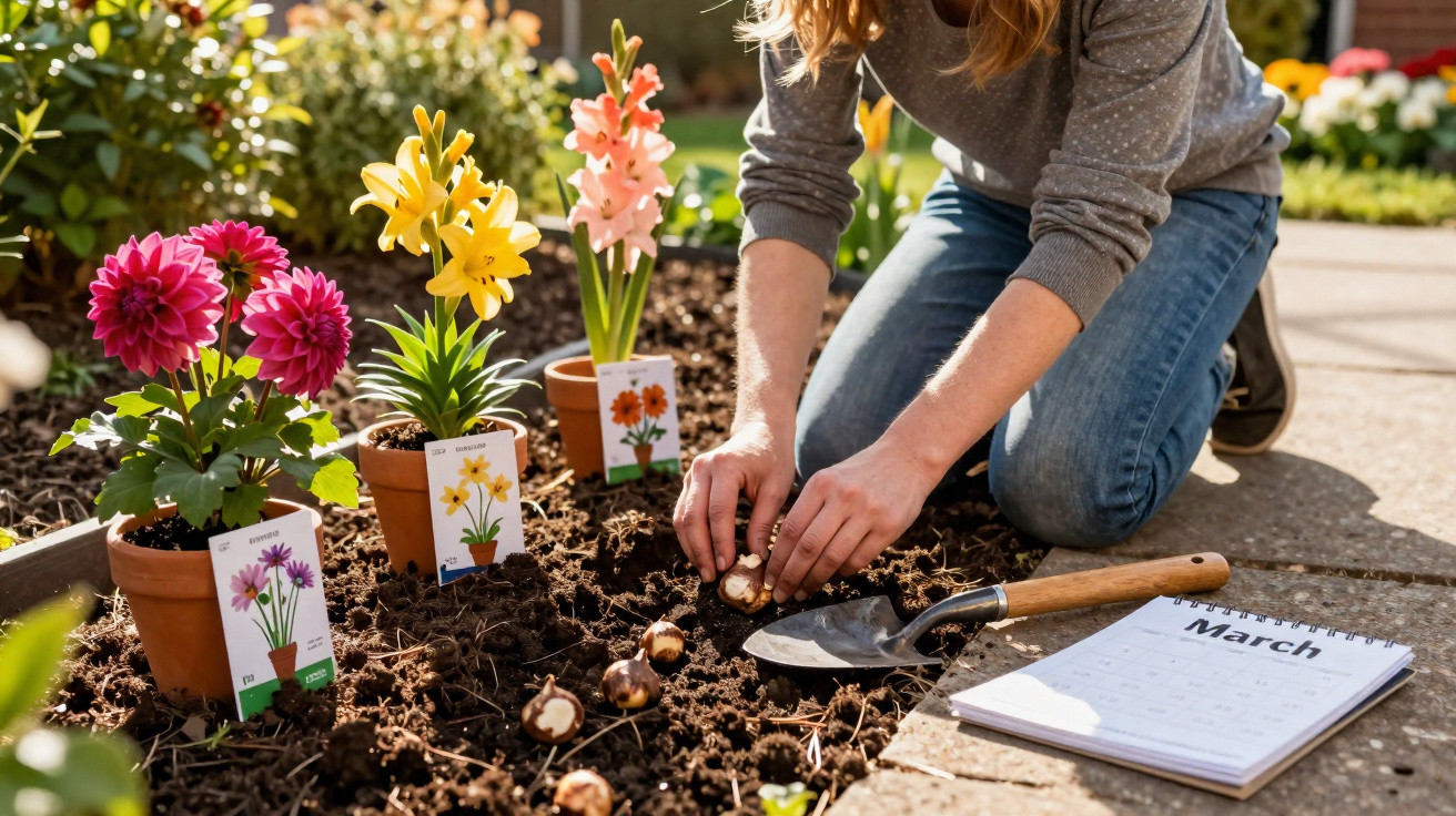Pessoa plantando bulbos de flores em canteiro com flores coloridas e calendário aberto em março.