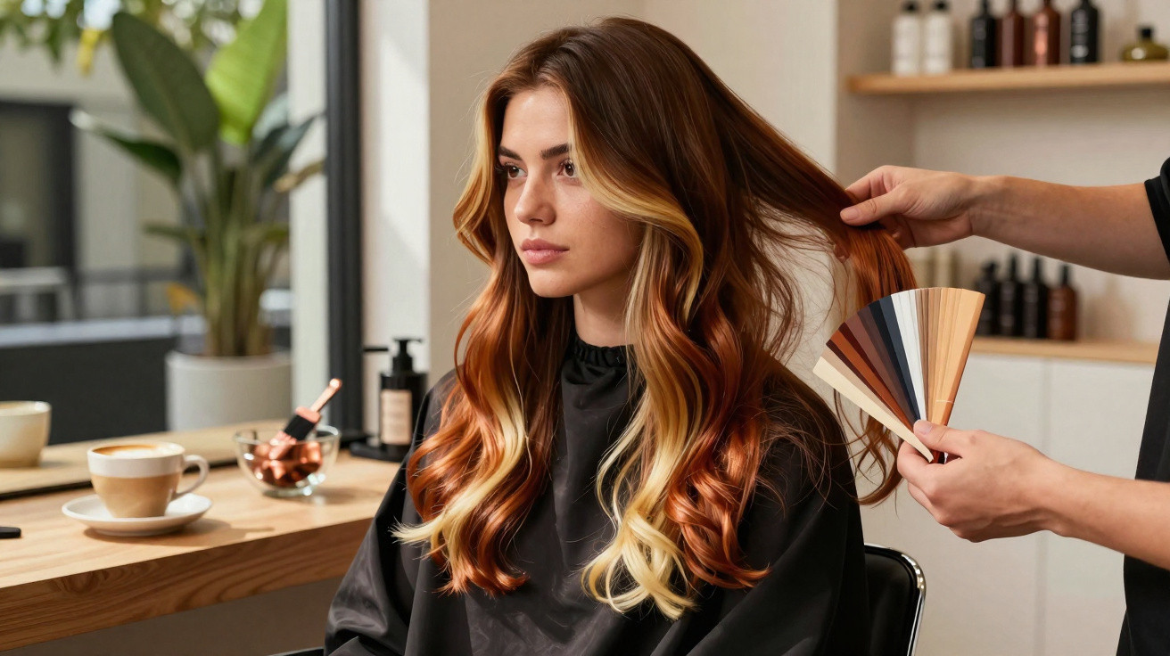Mulher com cabelo longo ondulado e mechas em tons de ruivo e loiro em salão de beleza.