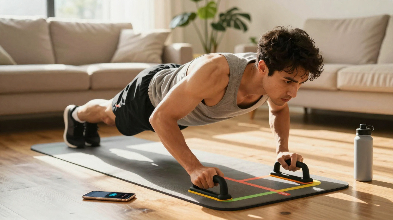 Homem fazendo flexão com apoio de barra em tapete de exercício na sala de casa.
