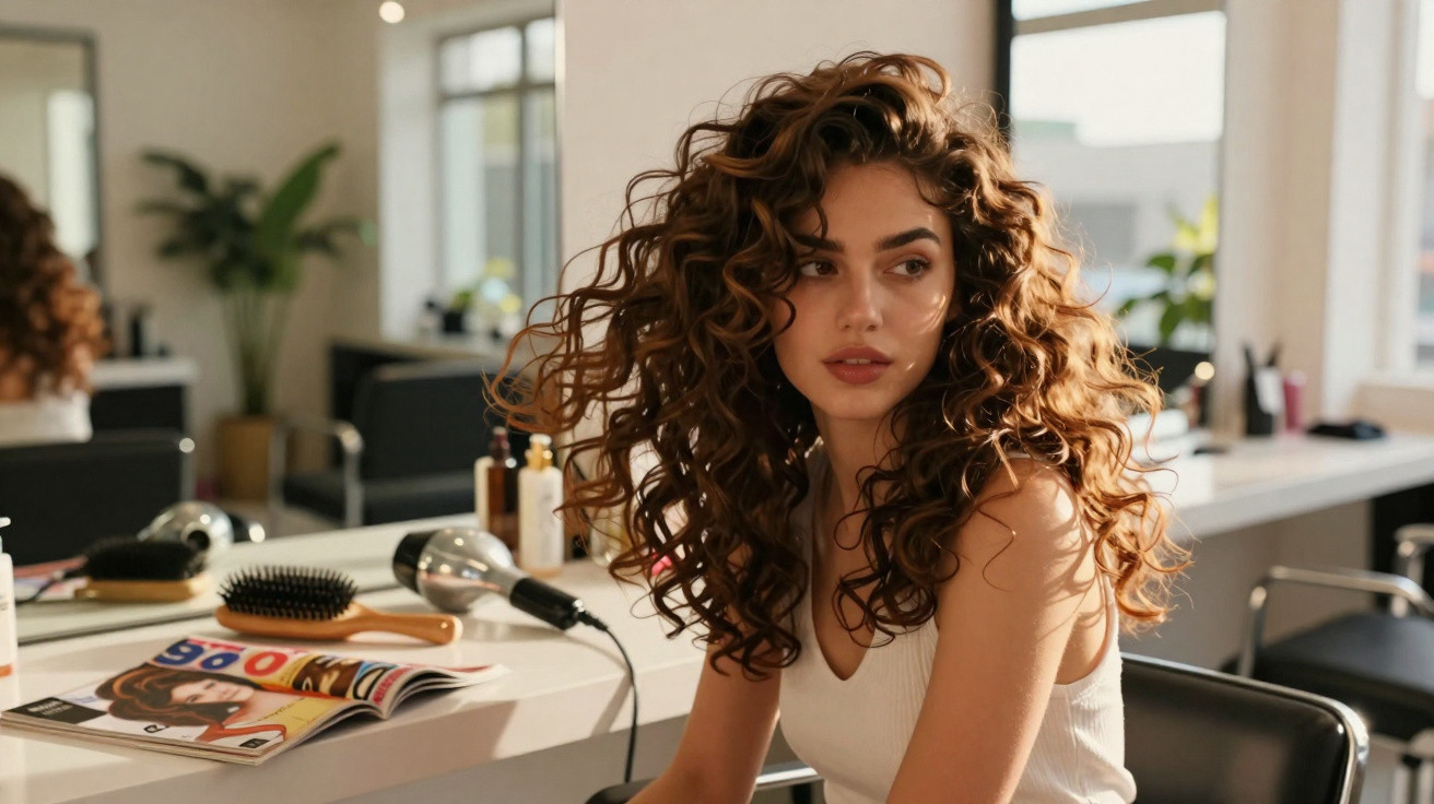 Mulher com cabelo cacheado sentado em salão de beleza com secador e escova sobre a bancada.
