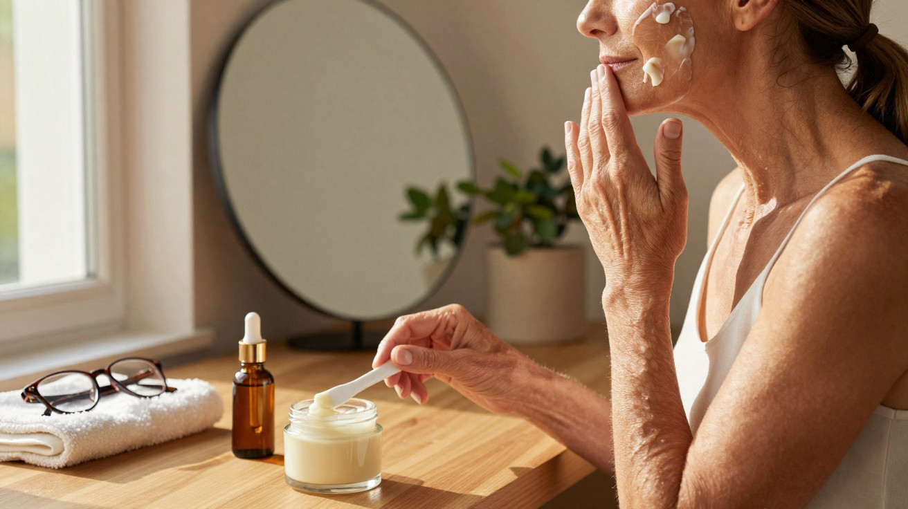 Mulher aplicando creme facial ao lado de espelho, frasco com conta-gotas e toalha na mesa de madeira.