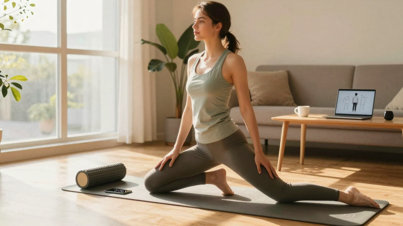 Mulher fazendo alongamento em tapete de yoga dentro de sala iluminada com computador ao fundo.