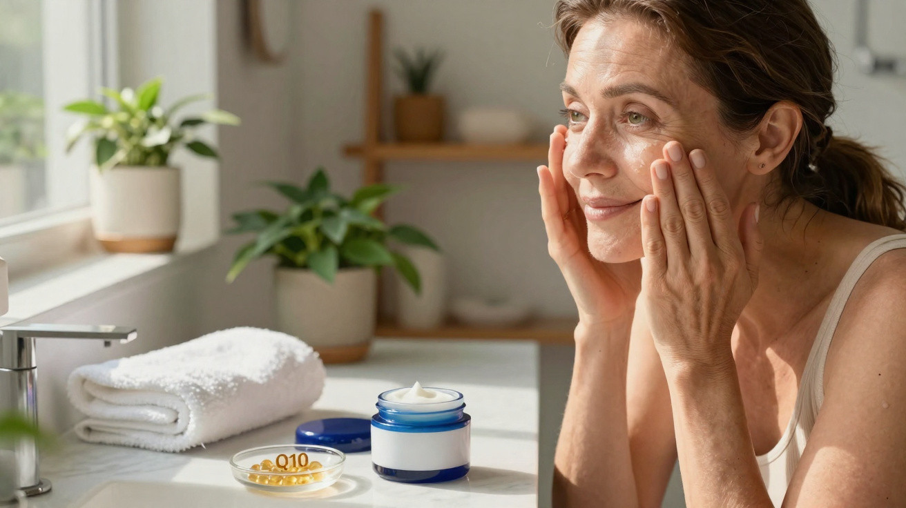 Mulher aplicando creme no rosto em banheiro iluminado, com produtos de cuidados e plantas ao fundo.