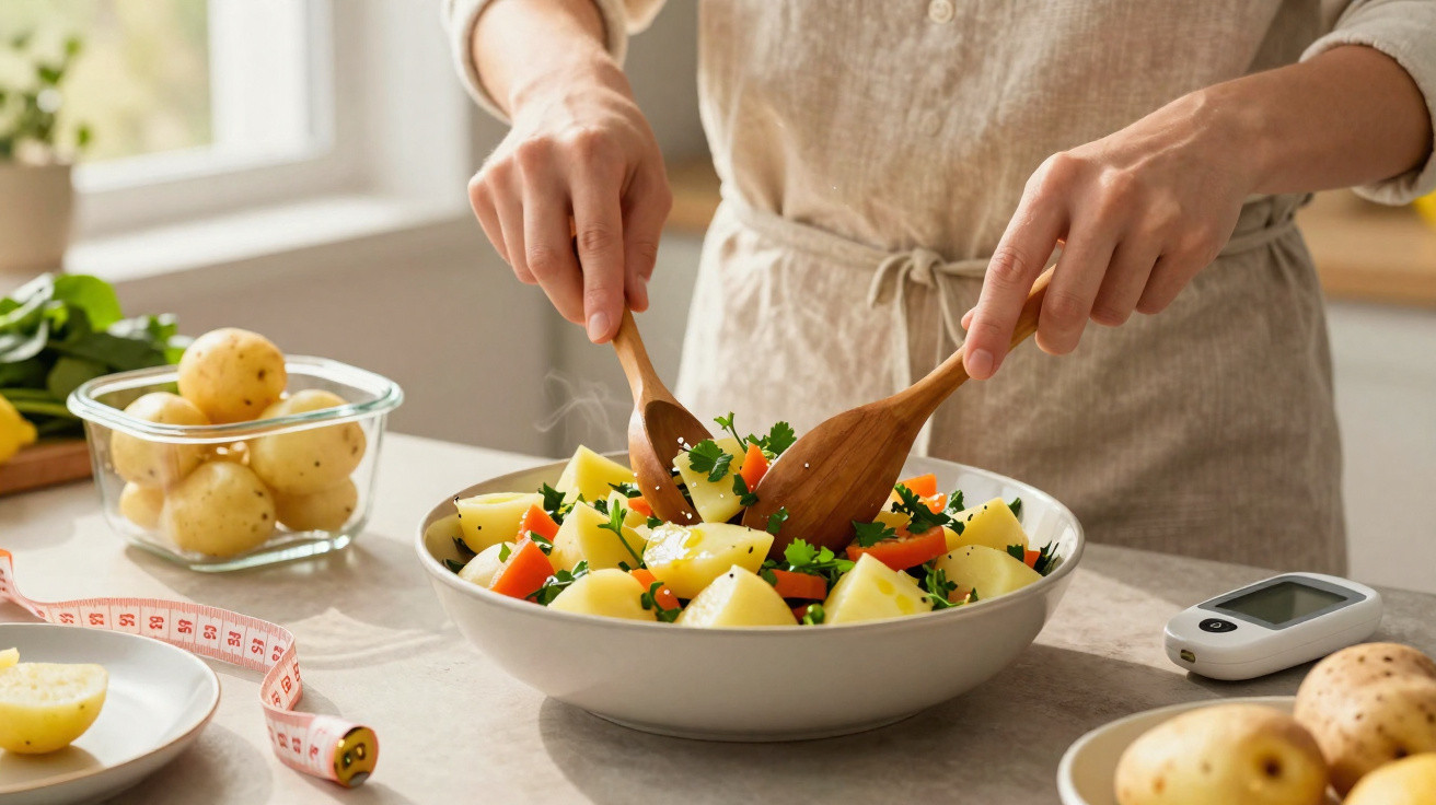 Pessoa mexendo salada de batata com cenoura e salsa em tigela na cozinha iluminada