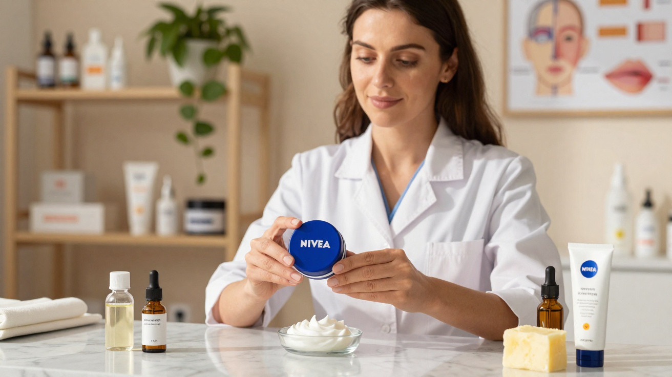 Mulher com jaleco segurando pote de creme Nivea em bancada com produtos de skincare ao redor.