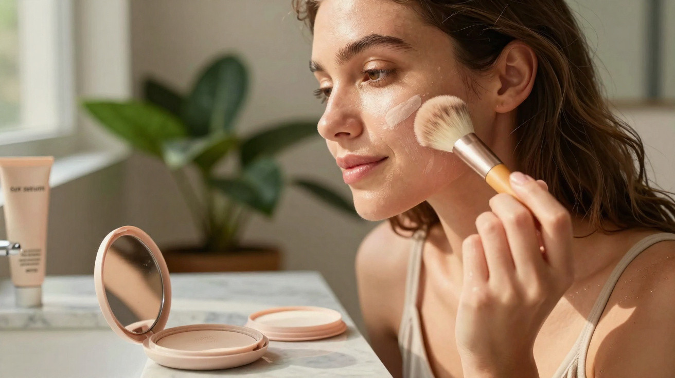 Mulher aplicando base no rosto com pincel em ambiente iluminado, produtos de maquiagem sobre a mesa.