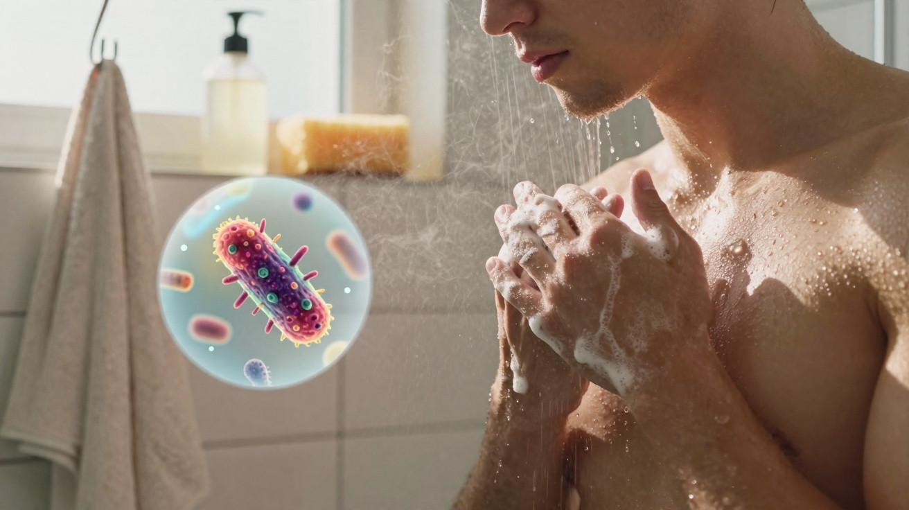 Homem tomando banho e lavando as mãos com sabão, com ilustração de bactéria ao lado.