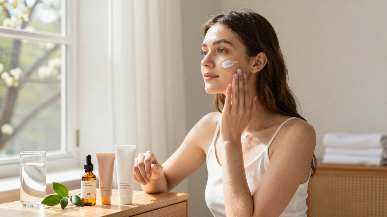 Mulher aplicando creme facial sentada em um quarto iluminado ao lado de frascos de cosméticos.