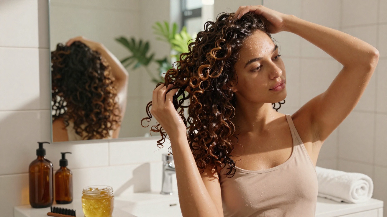 Mulher com cabelos cacheados cuidando do cabelo em banheiro com espelho e produtos sobre a pia.