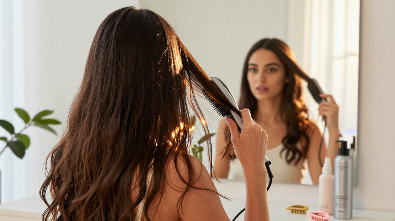 Mulher usando escova alisadora no cabelo diante de espelho em ambiente claro e minimalista.