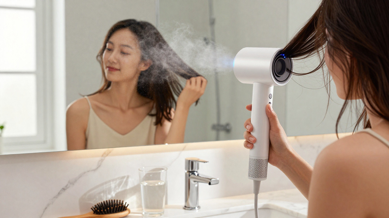 Mulher secando o cabelo com secador branco em frente ao espelho de banheiro claro.