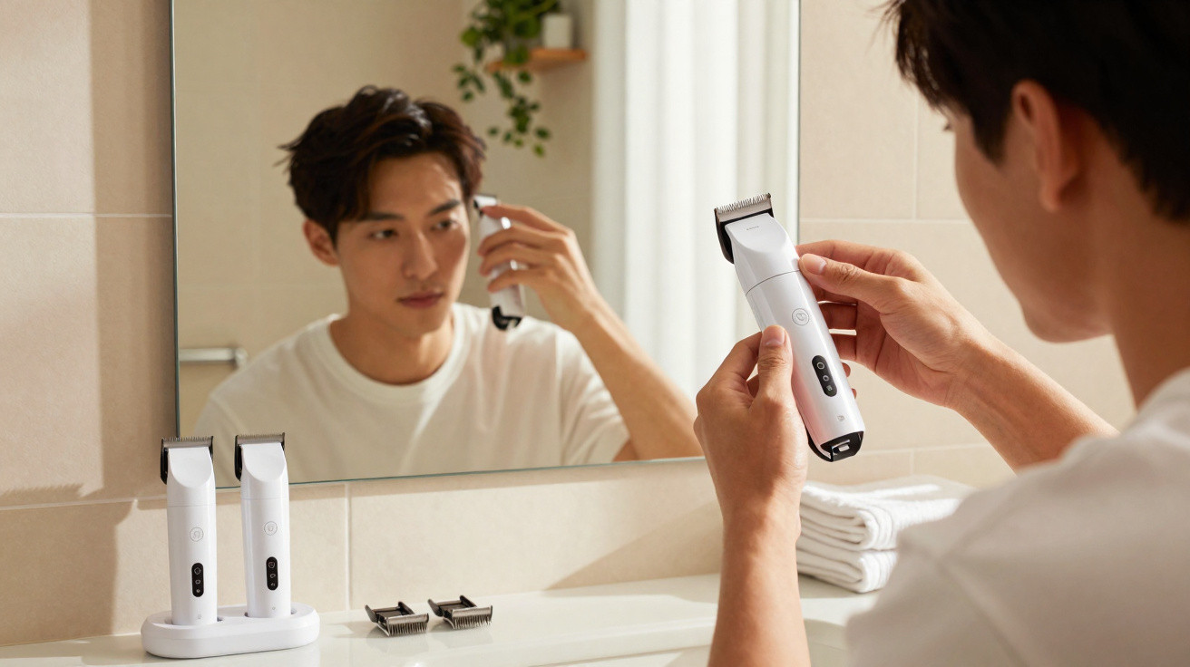 Homem segurando aparador de cabelo branco em frente ao espelho no banheiro, preparando-se para usar.