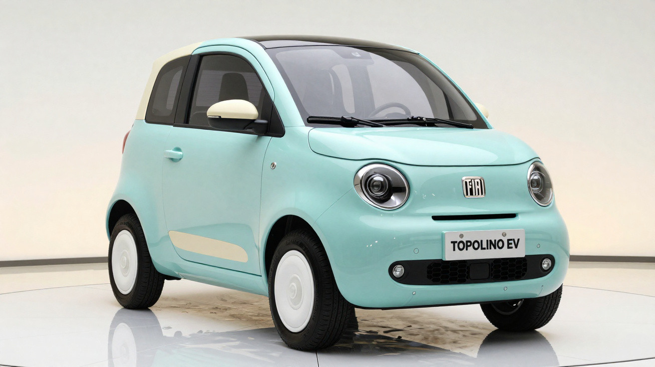 Carro elétrico compacto Fiat Topolino EV azul claro com detalhes em branco, em fundo branco neutro.